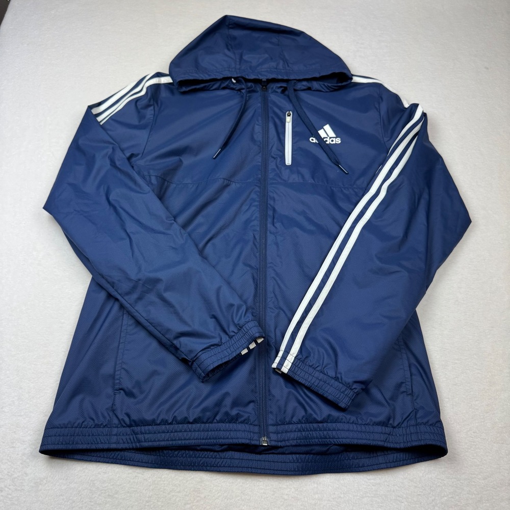 Adidas Men's‎ Windbreaker Jacket Medium Navy Blue Sample Hooded 3-Stripes Zip